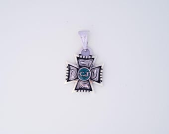 Custom German Silver Cross Pendant: Western Stone Inlay Necklace