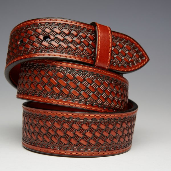JAYTON Belt - Western, Basket Weave, Hand tooled, Fully lined, Full-grain saddle leather w/ brass plated nickel clasps- 1.5" - Italian Tan