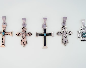 Custom German Silver Cross Pendant: Western Stone Inlay Necklace