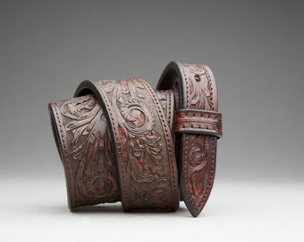 Hand Tooled Leather Western Belt: Oak Leaf Design