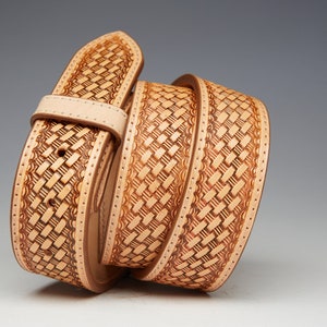 JAYTON Belt - Western, Basket Weave, Hand tooled, Fully lined, Full-grain saddle leather w/ brass plated nickel clasps- 1.5" - Natural