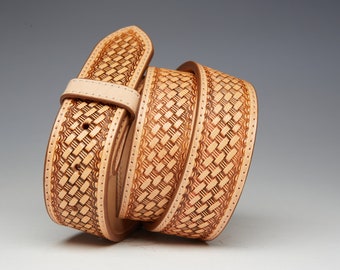 JAYTON Belt - Western, Basket Weave, Hand tooled, Fully lined, Full-grain saddle leather w/ brass plated nickel clasps- 1.5" - Natural