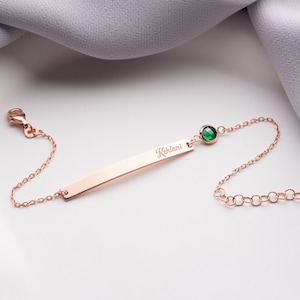 Birthstone Bar Bracelet, Engraved Name Bar Bracelet, Bar Bracelet with Birthstone, 14K Gold Bar Bracelet, Birthday Gift, Christmas Gift