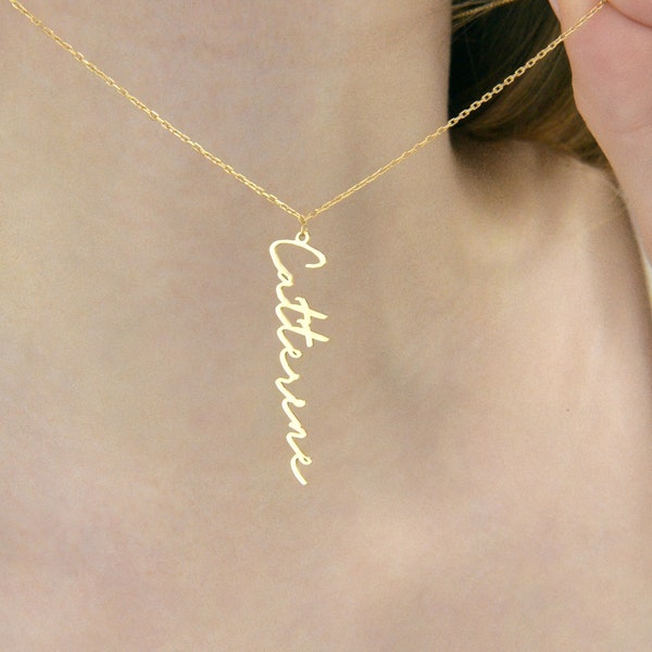 Script Name Necklace, 14K Gold Name Necklace, Cursive Name Necklace, Signature Name Necklace, Vertical Name Necklace, Mothers Day Gift