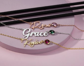 Custom Name Necklace with Birthstone, Everyday Name Necklace, Birthstone Name Necklace, Nameplate with Birth Stone, Christmas Gift