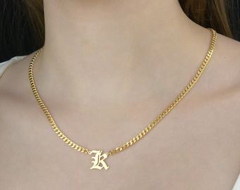 Old English Initial Necklace, Gothic Letter Necklace, Custom Initial Necklace, Personalized Letter Necklace, Christmas Gift, Curb Chain