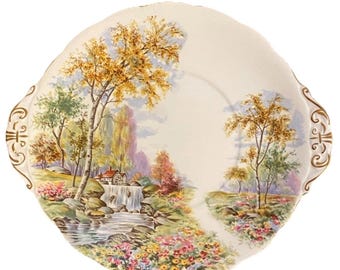 VNT 1950S Paragon The Old Mill Stream Gold Handled scalloped plate