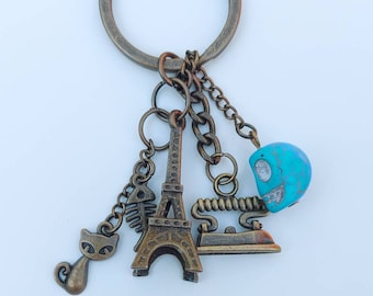 Turquoise Skull Bead Keychain, Eiffel Tower KeyChain, Spooky Skull Keychain, Iron Funky Keychain, Cat Keychain Gift For Women, Father Gifts
