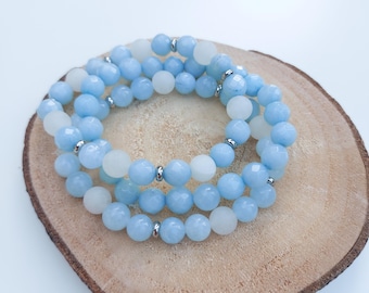 Aquamarine and Jade Beads Bracelet Set Gift for Women, Blue Crystal Beaded Bracelets Stack, White Jade Stackable Bracelets, Christmas Gift