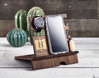 Personalize wood  phone stand, Custom watch stand, Personalize wood organizer, Wood Docking Station, Gift for him, Organizer station