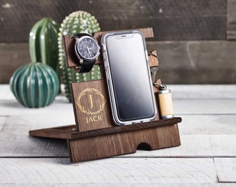 Personalize wood  phone stand, Custom watch stand, Personalize wood organizer, Wood Docking Station, Gift for him, Organizer station