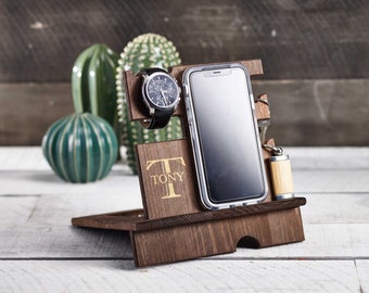 Personalize wood  phone stand, Custom watch stand, Personalize wood organizer, Wood Docking Station, Gift for him, Organizer station