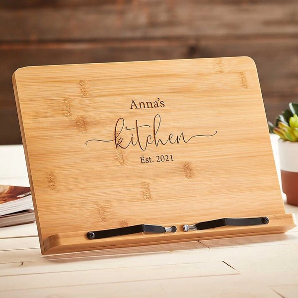 Personalized tablet holder, Recipe holder, iPad stand, Custom cookbook stand,  Customized bamboo stand, engraved iPad holder, Chef easel