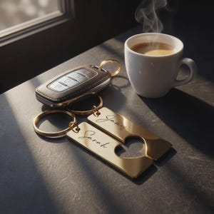 May include: A gold-colored keychain set with the names "Sarah" and "James" engraved on rectangular tags, with a heart-shaped cutout. A car key fob and a white mug of coffee are also on the dark surface.