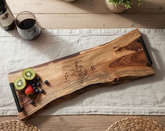 Personalized live edge tray, rustic style tray, engraved wooden tray, Birthday gift, wedding gift, Mother's day gift, house warming gift