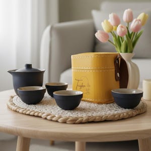 May include: A tea set with a dark blue teapot, four matching bowls, and a yellow leather container with the name "Taylor" printed on it. The set is arranged on a round wooden table with a woven mat.