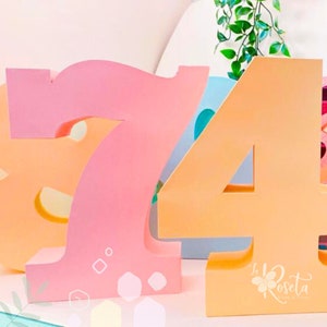 Puede incluir: Tres grandes números de madera coloridos, 7, 4 y 3, pintados en tonos de rosa, naranja y azul. Los números son independientes y tienen un estilo caprichoso y decorativo. Los números están dispuestos en fila, con el 7 a la izquierda, el 4 en el medio y el 3 a la derecha. Los números están sobre una superficie blanca. El texto "La Rosetta Shop & Treats" es visible en la parte inferior derecha de la imagen.