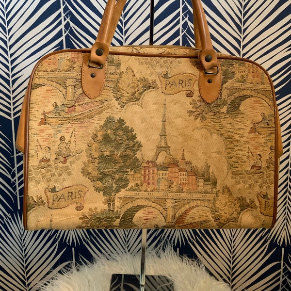 VINTAGE * 40’s 50’s 60’s * Paris Tapestry * Travel Bag/Purse*  Leather Handles/Trim * RARE Find * FREE Shipping