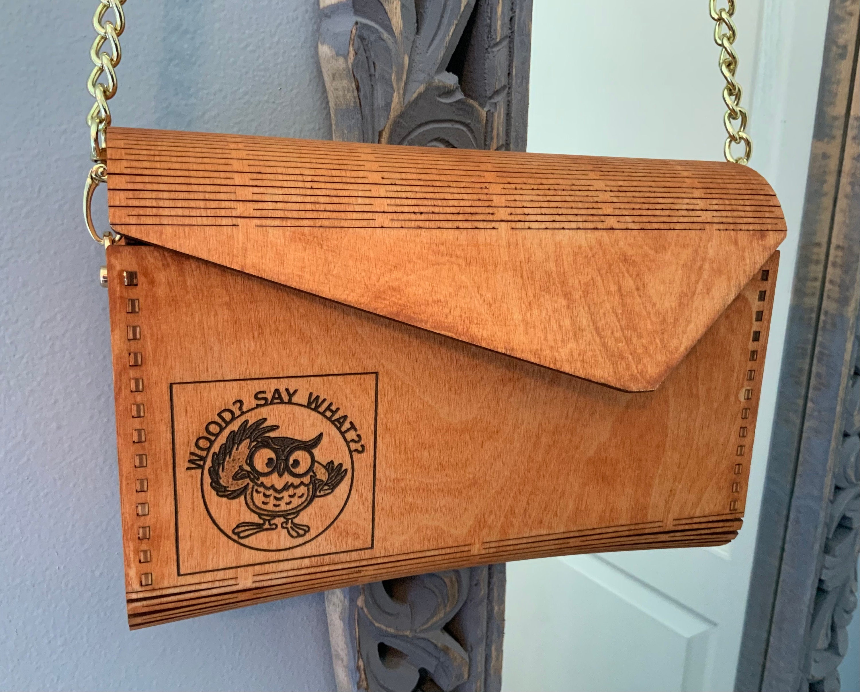 SUPER CUTE Owl Design Wood Shoulder Bag/Purse/Clutch * Burnished w/&ldquo;Wood? Say What??&rdquo; * 