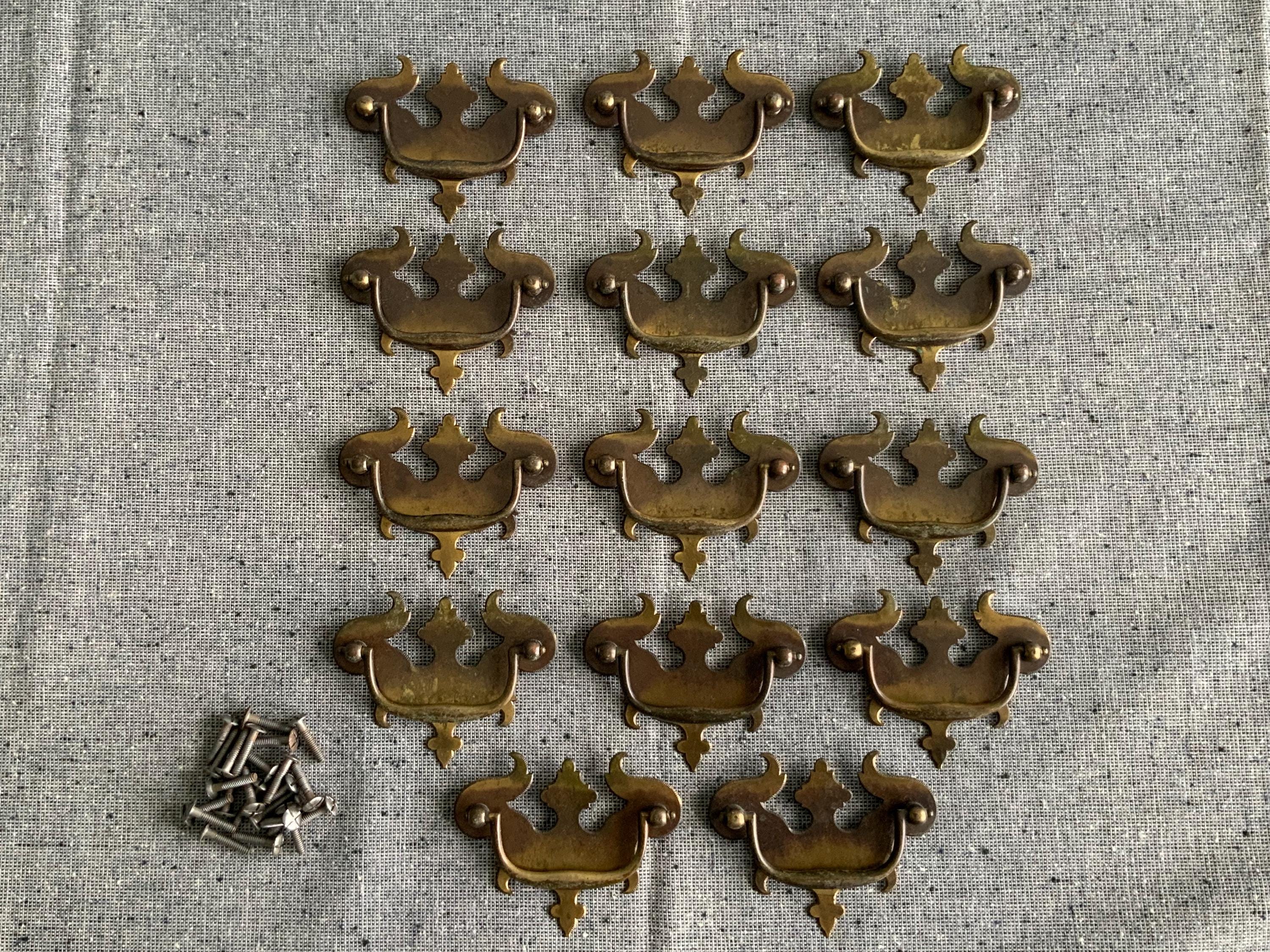 VINTAGE * Beautiful BRASS Chippendale * “Batwing” * Drawer Pulls * Hardware * Large Lot/14 w/screws * 3.75”W x 3”H * Sturdy * Free Shipping