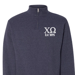 Chi Omega Sorority Quarter Zip Fleece Jacket / Custom Color Greek Embroidered Crewneck Pullover / Big Little Sister Gift