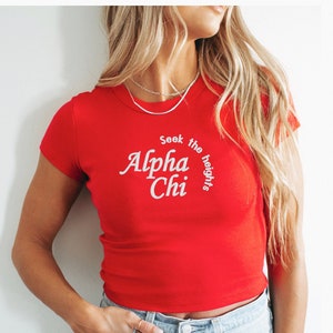 Alpha Chi Omega Sorority Motto Chapter Crop Top / Custom Color Greek Embroidered Bella Canvas Crop Top / Big Little Sister Gift