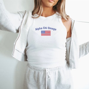 Alpha Chi Omega Sorority American Flag Chapter Crop Top / Custom Color Greek Embroidered Bella Canvas Tank Top / Big Little Sister Gift