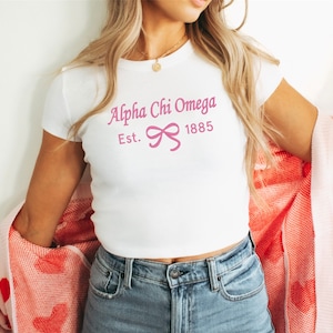 Alpha Chi Omega Sorority Bow Chapter Crop Top / Custom Color Greek Embroidered Bella Canvas Crop Top / Big Little Sister Gift