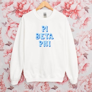 Pi Beta Phi Sorority Blue Groovy Crewneck / Custom Color Retro Font Greek Embroidered Gildan 18000 Sweatshirt / Big Little Sister Gift