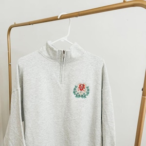 Chi Omega Sorority Crest Quarter Zip Fleece Jacket / Custom Color Greek Embroidered Crewneck Pullover / Big Little Sister Gift