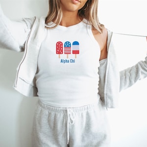 Alpha Chi Omega Sorority American Popsicle Chapter Crop Top / Custom Color Greek Embroidered Bella Canvas Tank Top / Big Little Sister Gift