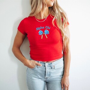 Alpha Chi Omega Sorority American Bow Chapter Crop Top / Custom Color Greek Embroidered Bella Canvas Crop Top / Big Little Sister Gift