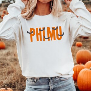 Sorority Phi Mu Halloween / Niestandardowy kolor grecki haft Gildan 18000 bluza / Duży prezent dla małej siostry