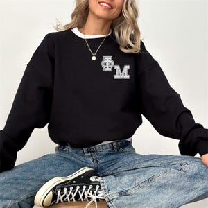 Phi Mu Sorority Letter Patch / Custom Color Greek Embroidered Gildan 18000 Sweatshirt / Big Little Sister Gift
