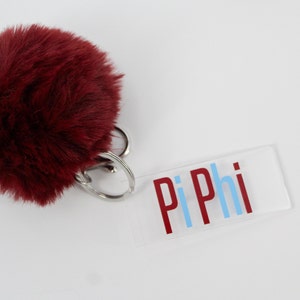 Pi Beta Phi Sorority Keychain / Pi Phi Custom Color Greek Key Chain with Pom Pom / Big Little Sister Gift