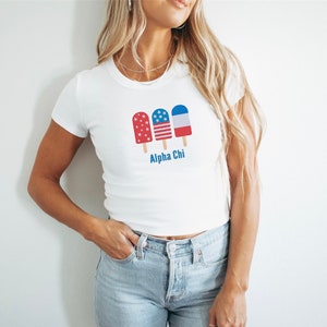 Alpha Chi Omega Sorority American Popsicle Chapter Crop Top / Custom Color Greek Embroidered Bella Canvas Crop Top / Big Little Sister Gift
