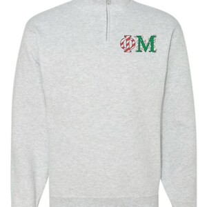 Phi Mu Sorority Christmas Quarter Zip Fleece Jacket / Custom Color Greek Embroidered Crewneck Pullover / Big Little Sister Gift