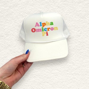 Alpha Omicron Pi Trucker Hat / Custom Color Greek Embroidered Cap / Big Little Sister Gift