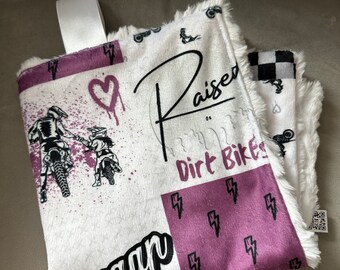 Baby Lovey Tag Blanket -  DIRT BIKE (RAISED) **Grey Fur
