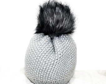 Cozy textured knit hat - adult, grey, handmade