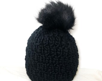 Premium cozy wool knit hat - monochrome, adult, black, handmade