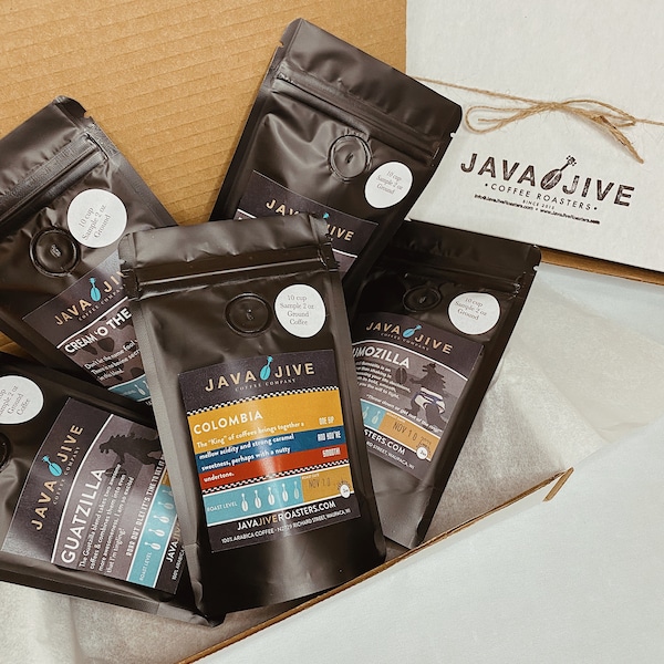 Coffee Lover Sampler Pack, Boxed Set of 5 Fresh-Roasted Single Origin Coffees & Blends 2 oz each, moving, anniversary, thank you gift