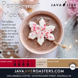 Peppermint Mocha 12oz Flavored Coffee Creamy Sweet Chocolatey Smooth Low Acidity Coffee Fresh Roasted Made to Order, Clean Air Roasted