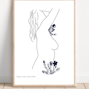 Nude Line Drawing A4 Art Print, 'Body hair is natural', Digital Illustration image 1