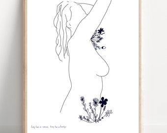 Nude Line Drawing A4- Art Print, 'Body hair is natural', Digital Illustration