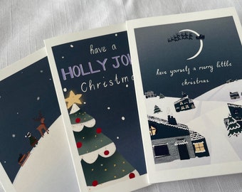 Set of 3 Christmas Cards - Christmas Scenes, Digitally illustrated, Eco friendly packaging