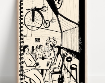 Oxford Cafe Illustration- urban sketch, Handlebar Cafe, wall decor A4