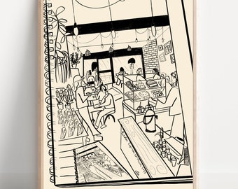 Oxford Cafe Illustration- urban sketch, Peloton Cafe, wall decor A4