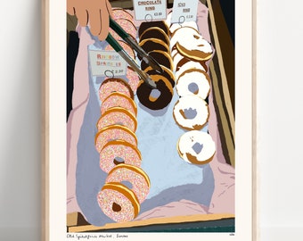 Spitalfields Market, London- A4, Giclée Print, Doughnut illustration