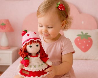 Strawberry Shortcake Häkelpuppe: 38 cm Handgefertigtes Amigurumi Plüschtier Mit Katze